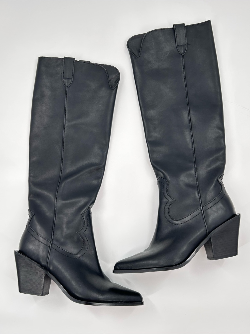 Aqua Aerin Black Leather Pointed Toe Knee High Western Boots